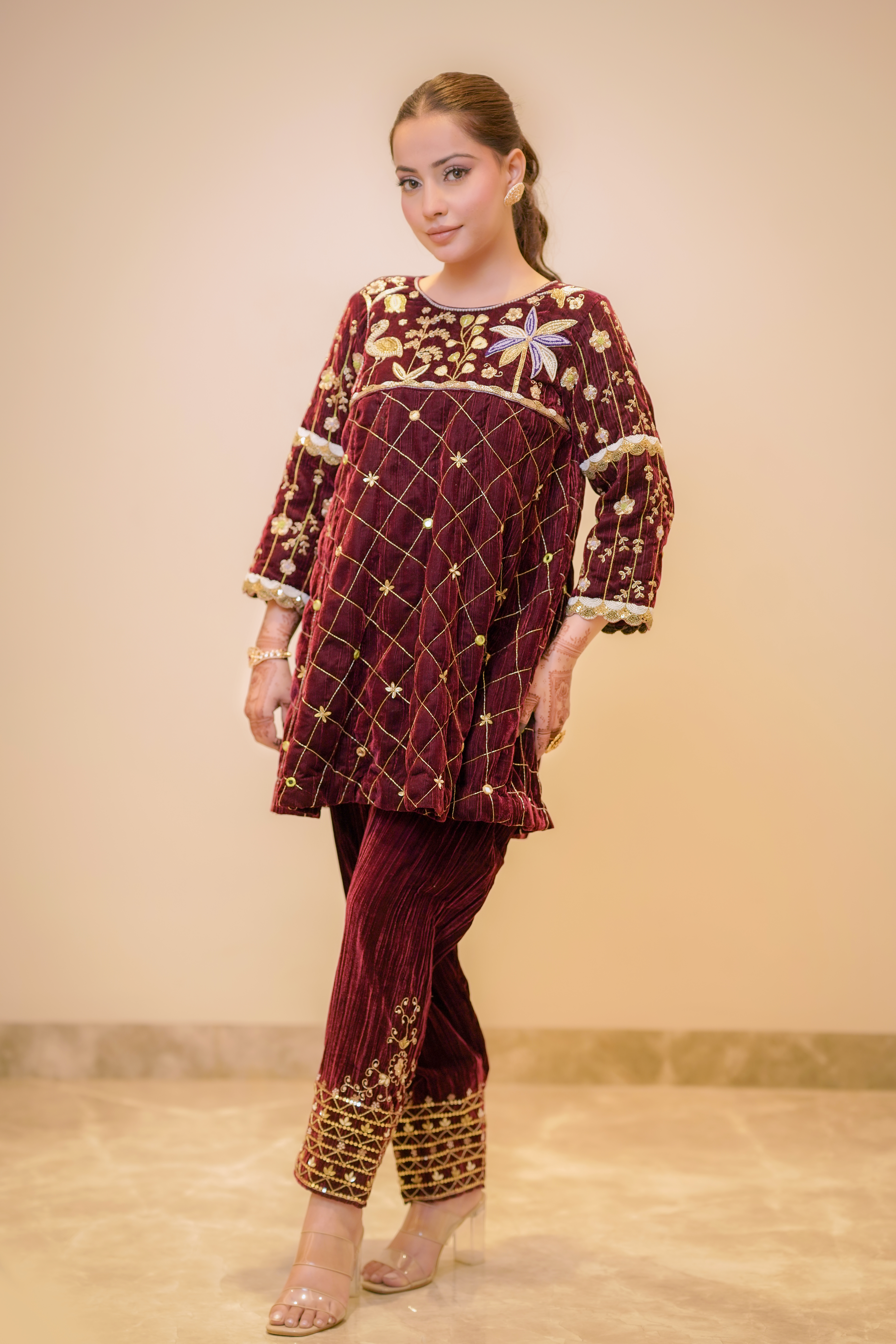 Maroon Flamingo Hand Embroidered Anarkali Set