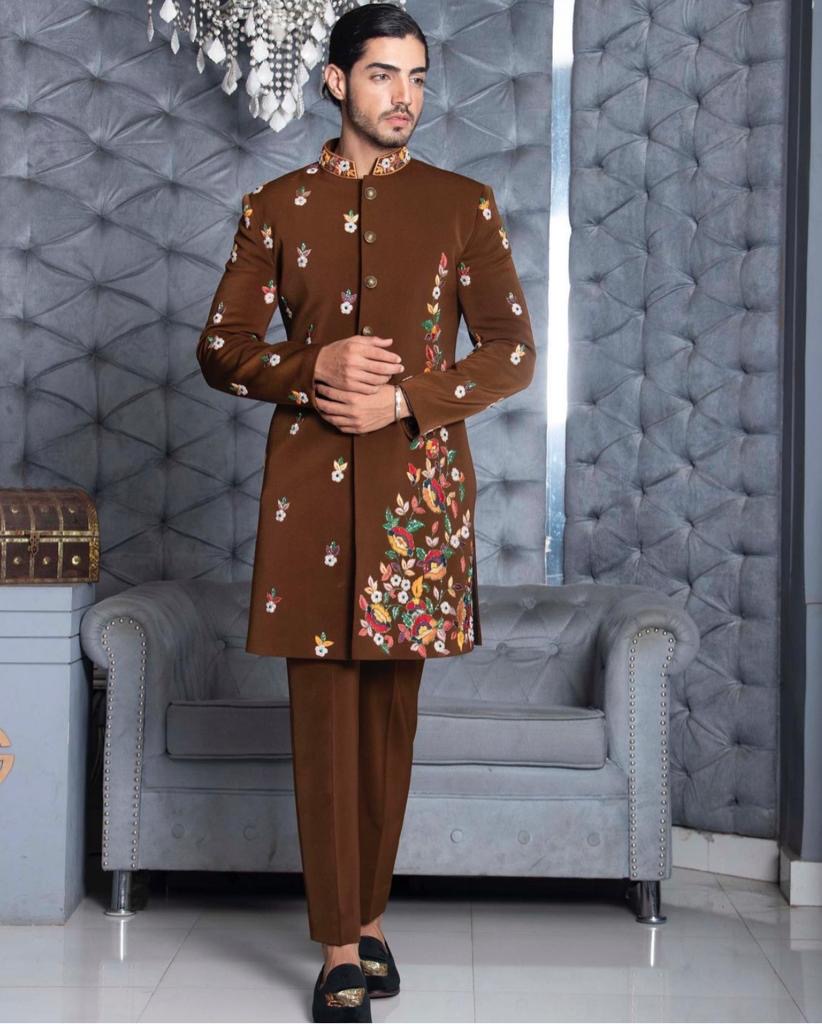 Coffee Brown Embroidered Indowestern Set
