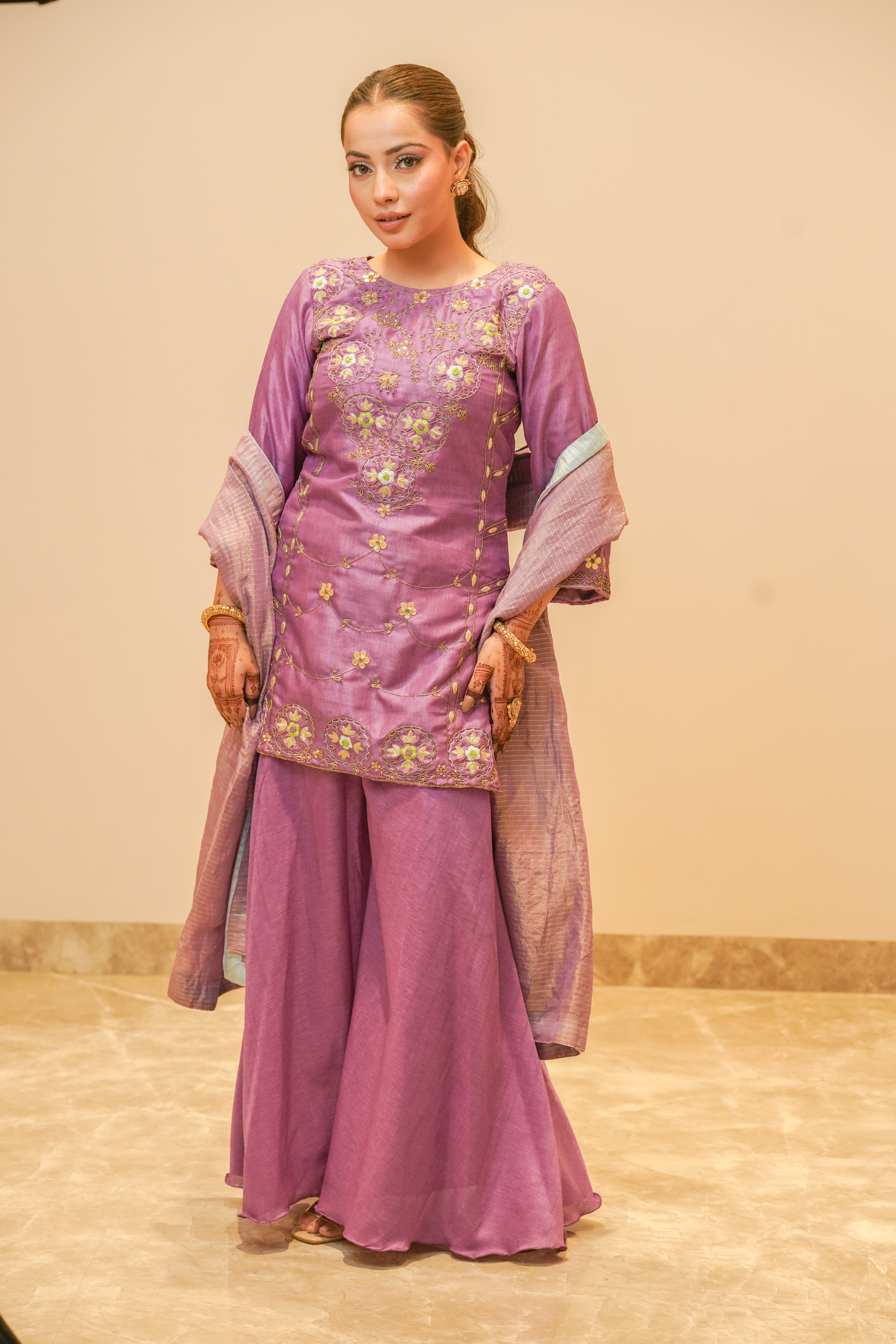 Lavender Silk Kurta with Flared Pants & Dupatta
