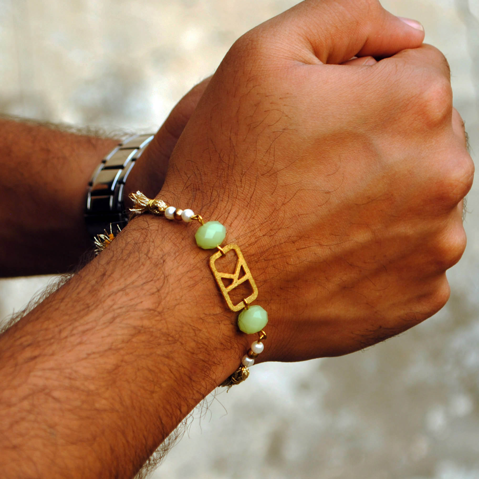 Personalised Sea Green Bead Rakhi with Roli Chawal