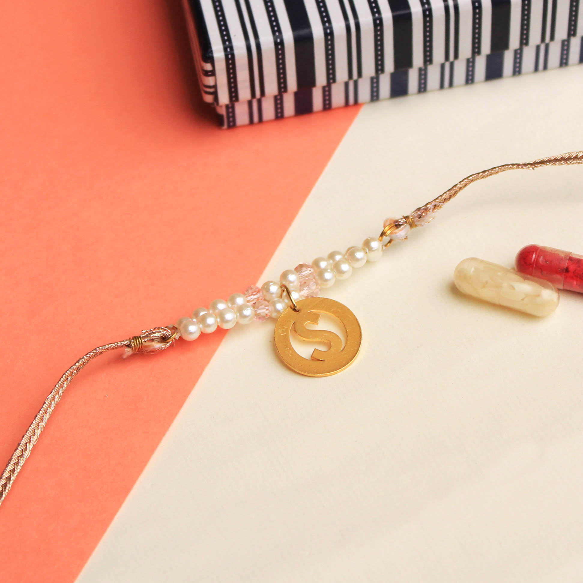 Pearly Initial Rakhi with Roli Chawal