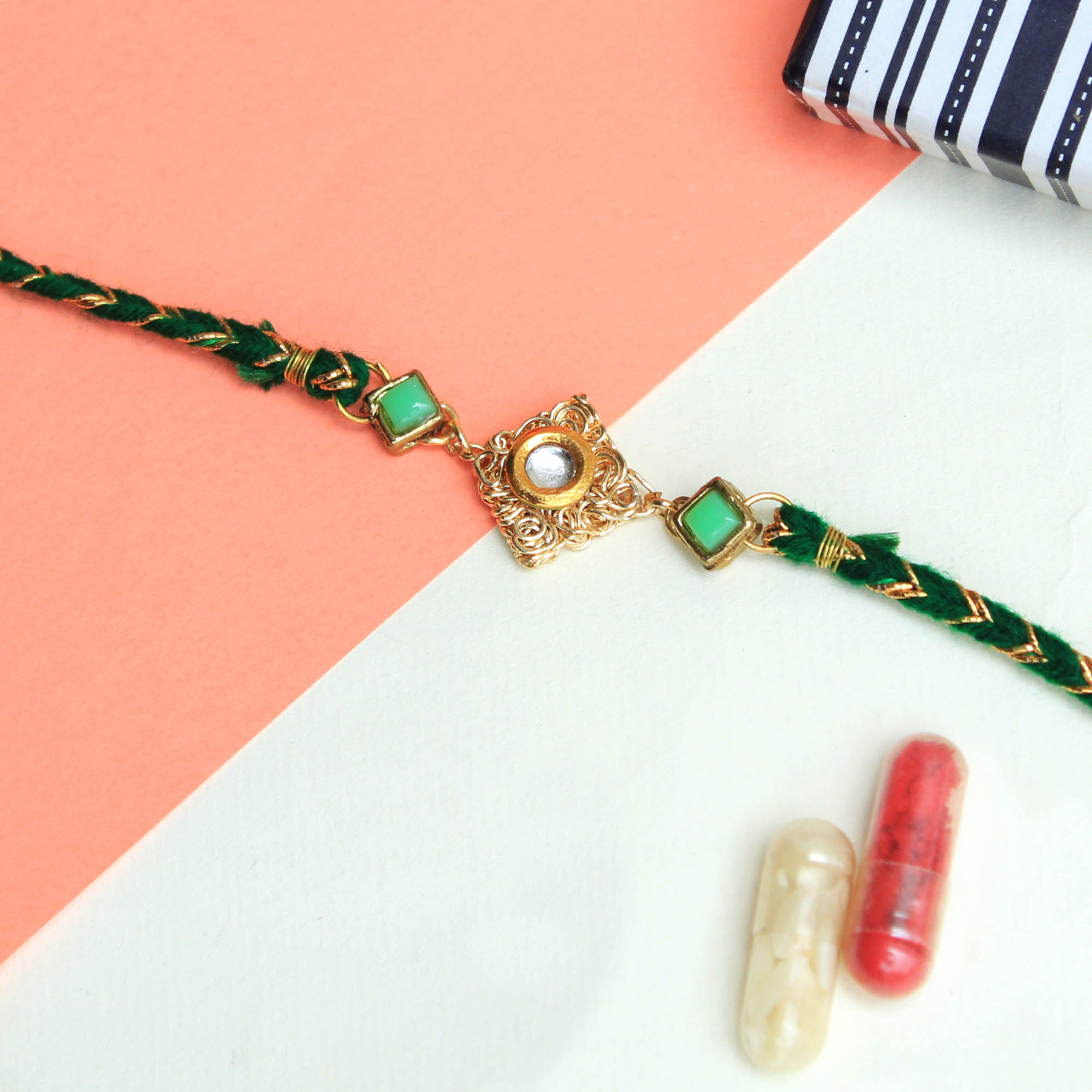 Green Kundan with Mesh Rakhi with Roli Chawal