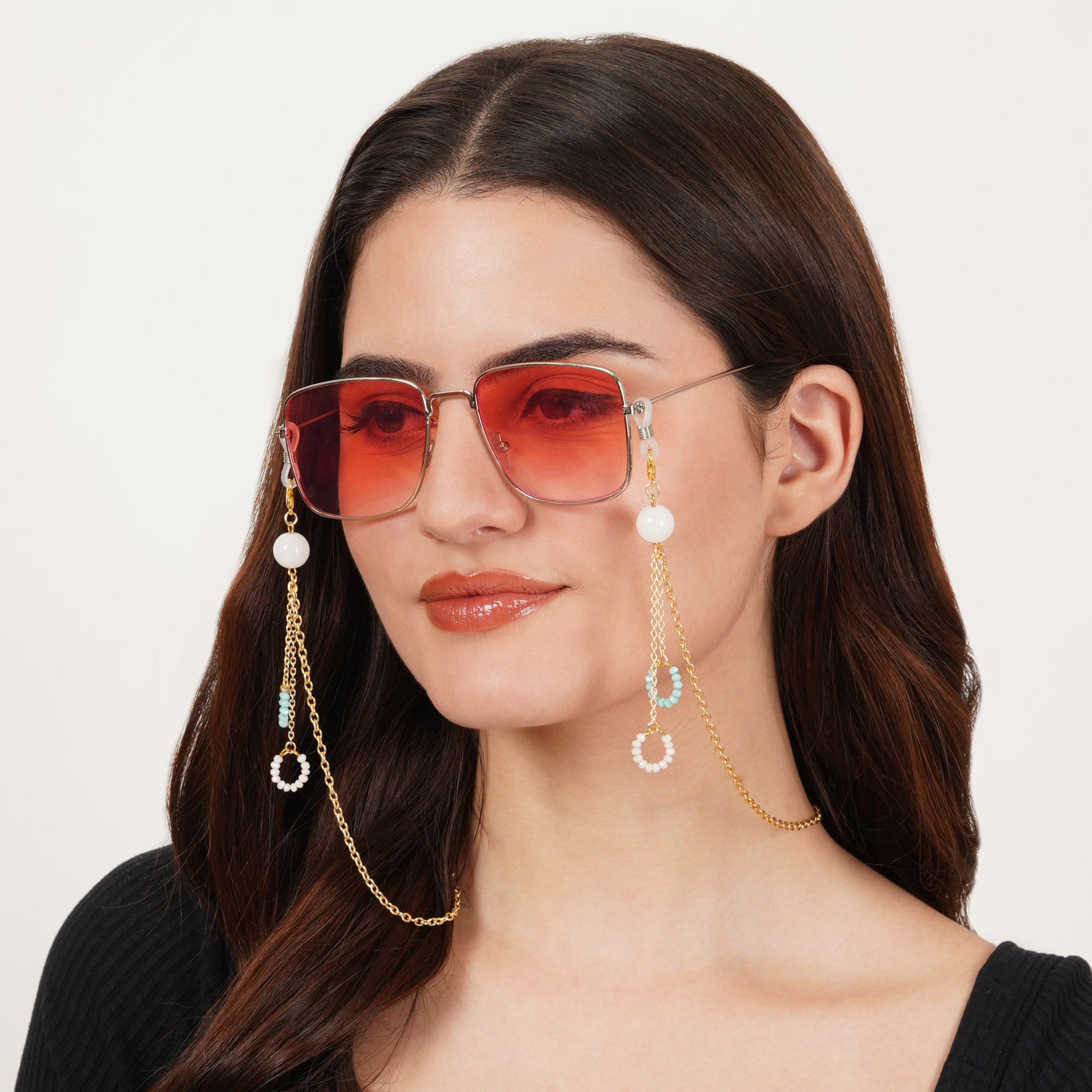 Golden Chain With White & Blue Beads Ring Spectacles/Air Pods Chain