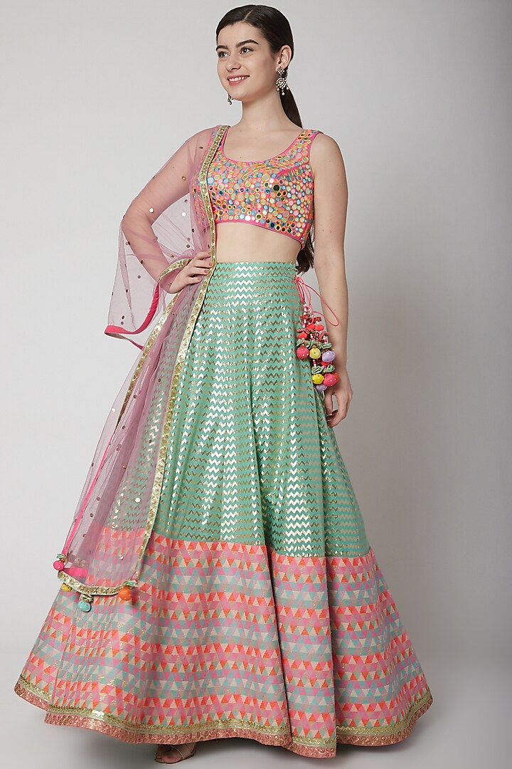Mirror Work Choli with Banarsi Woven Lehenga and Dupatta (Set of 3)