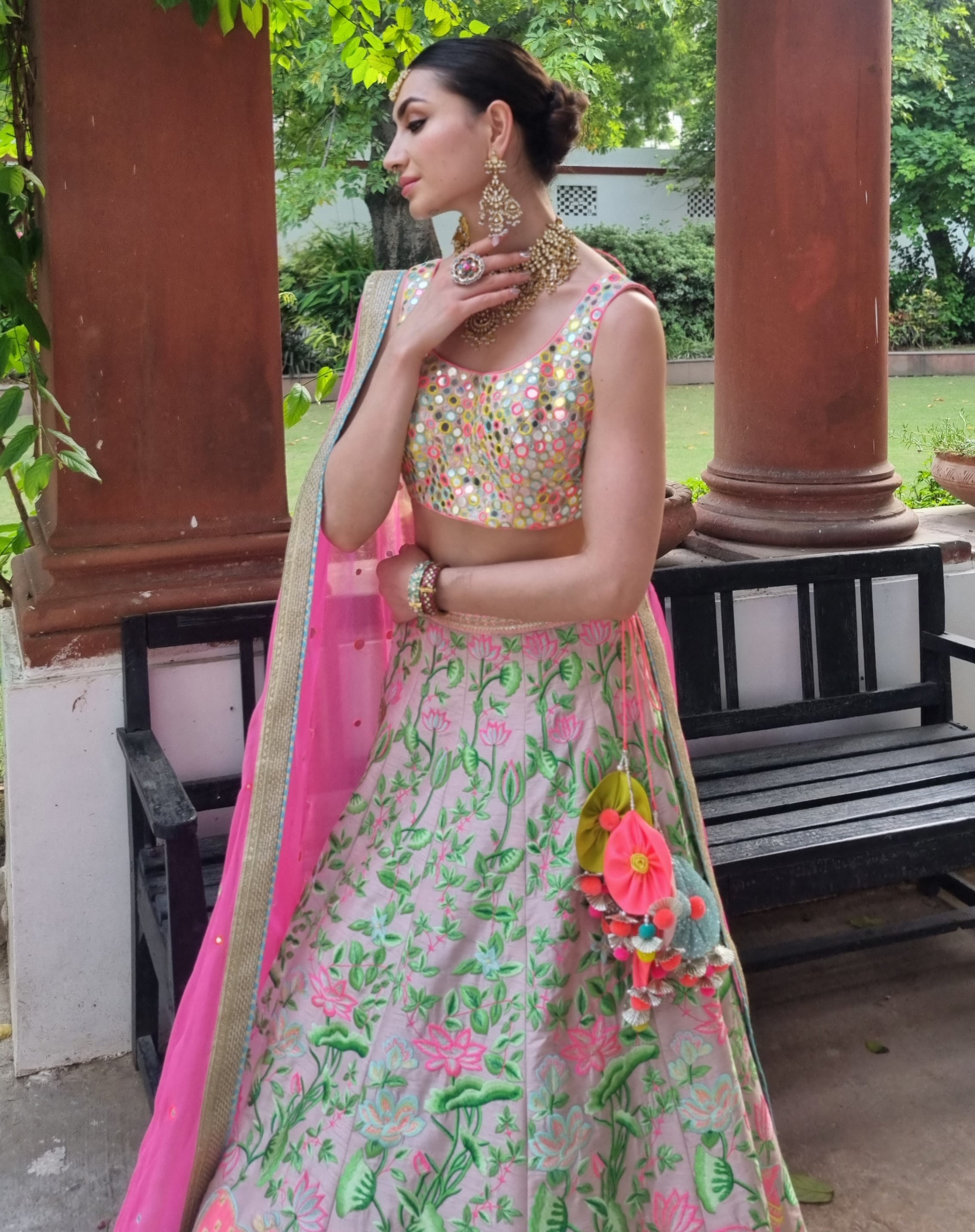 Pink Thread Embroidered Lehenga with Mirror Work Choli and Dupatta (Set of 3)