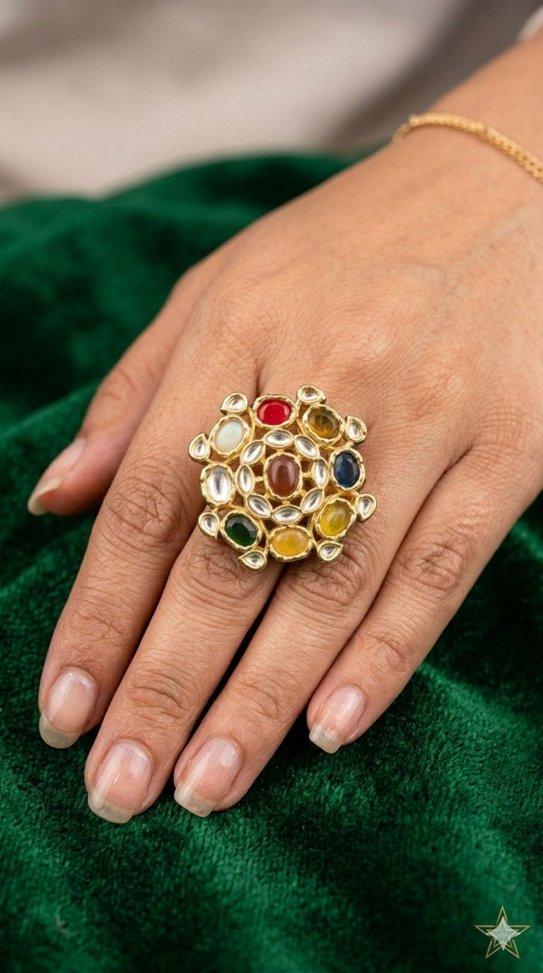 Navratna Kundan Statement Ring