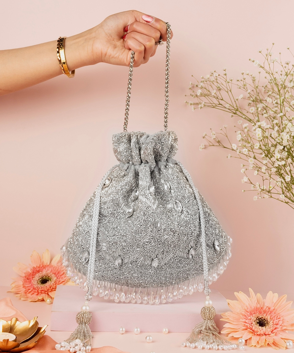 Sunheri Silver Embellished Potli