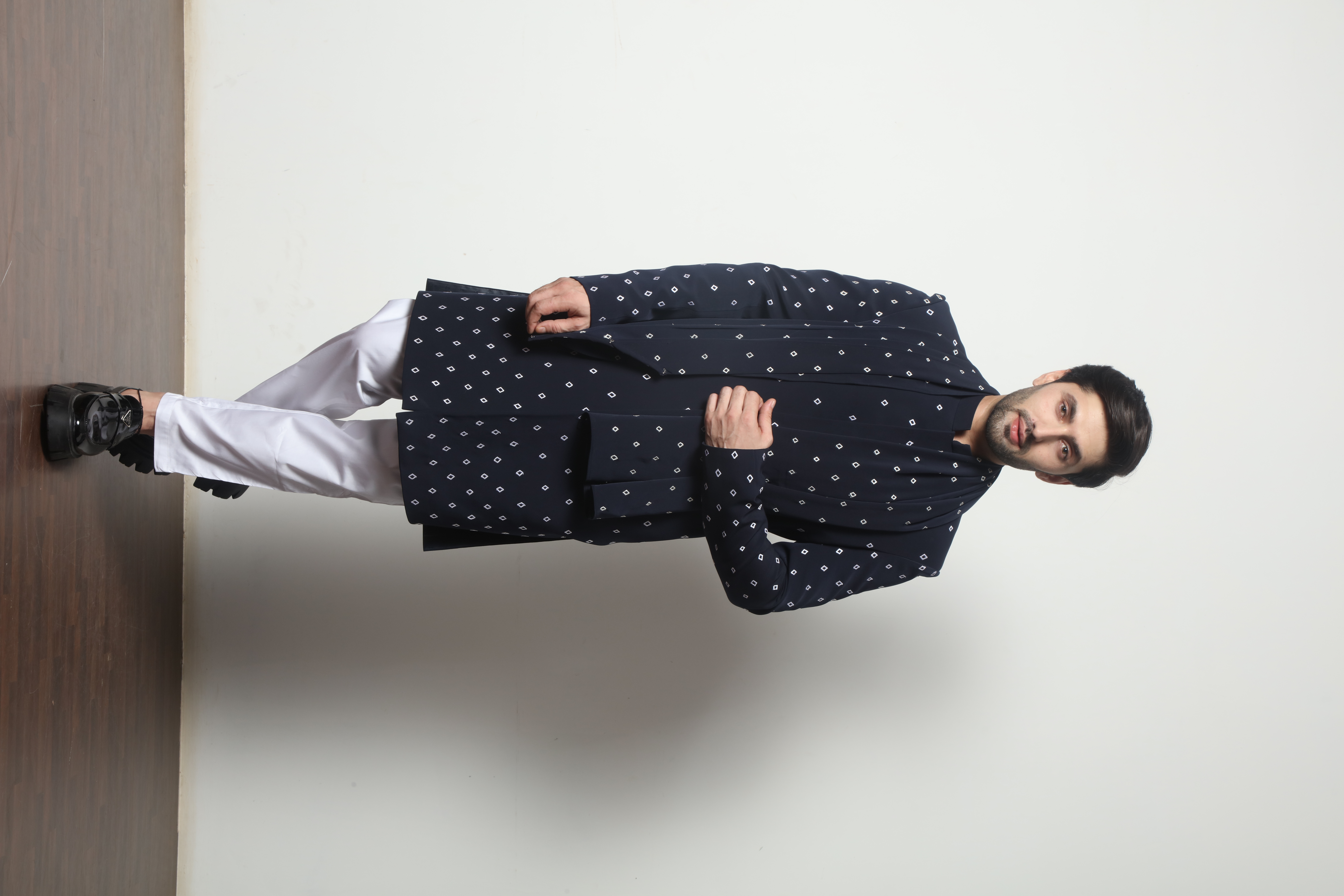 Blue Poly thread Embellished Indo-Western Jacket Set