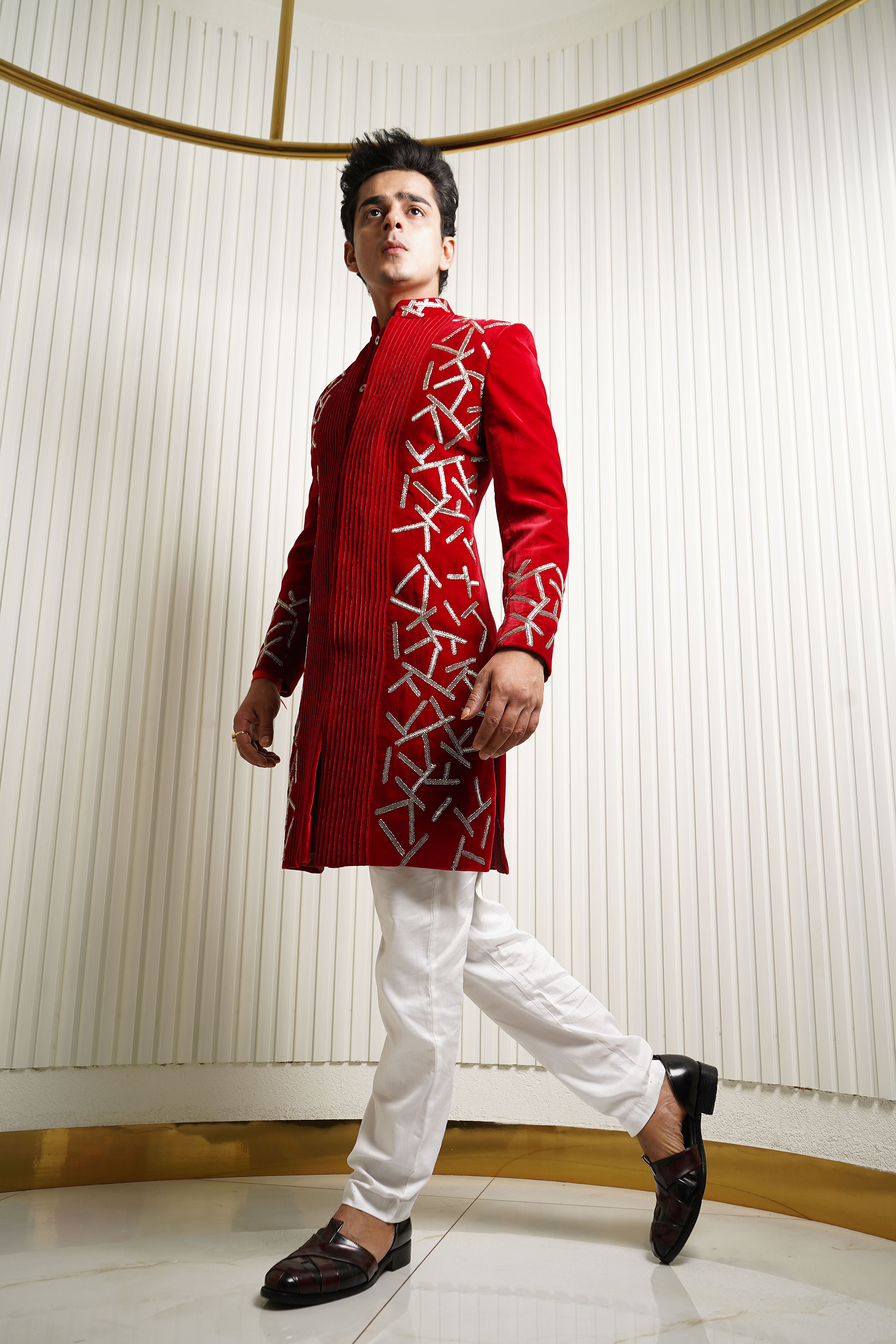 Red Velvet Cutdana Embellished Symmetric Indowestern Set