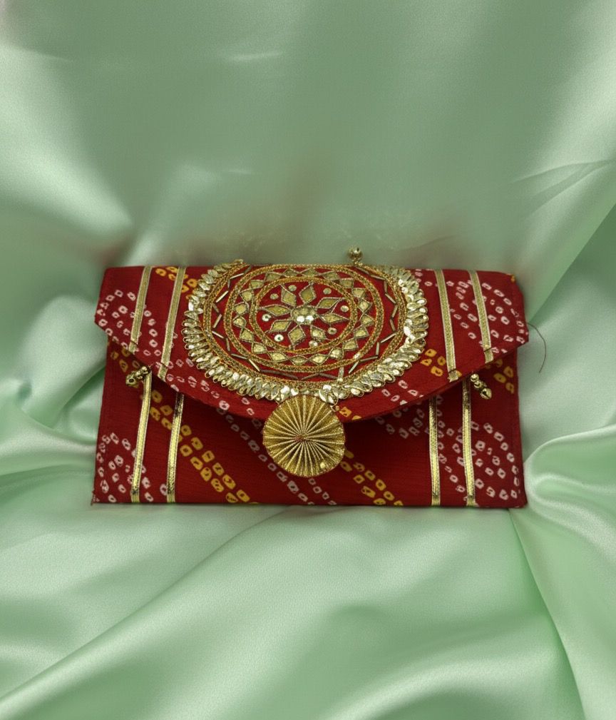 Red Bandhani Gota Cloth Clutch