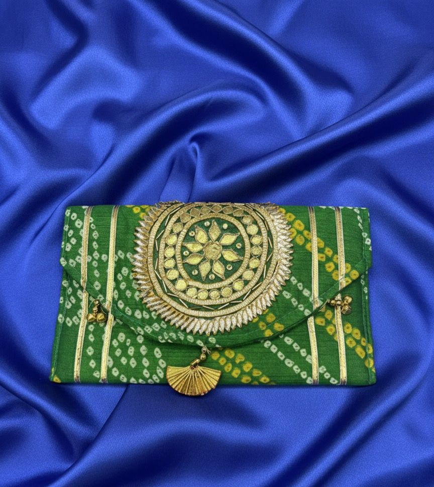 Green Bandhani Gota Cloth Clutch