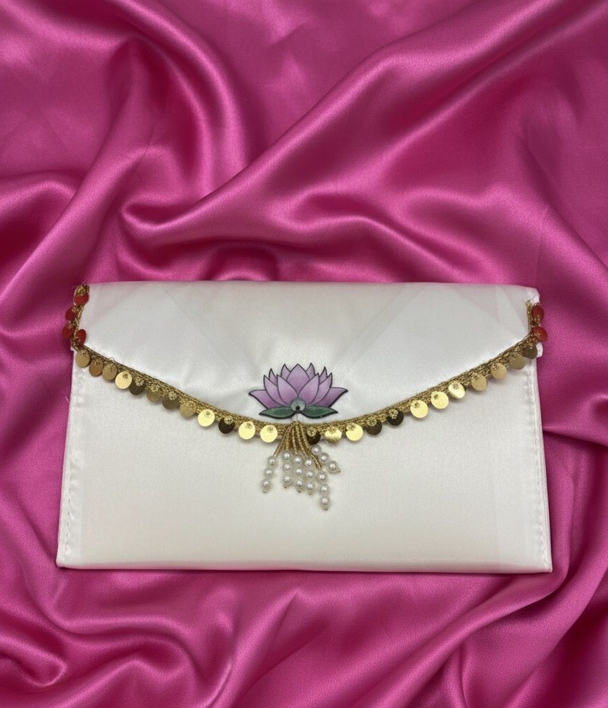 Large White Lotus Fabric Clutch