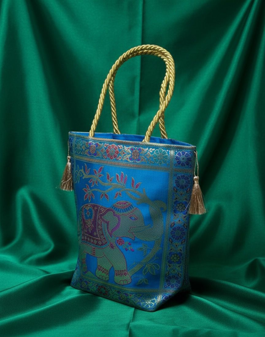 Banarasi Blue Elephant Brocade Bag