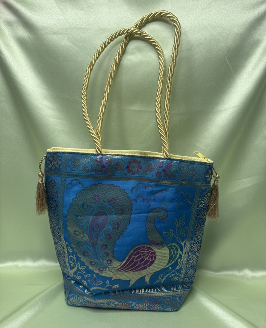 Banarasi Blue Peacock Brocade Bag